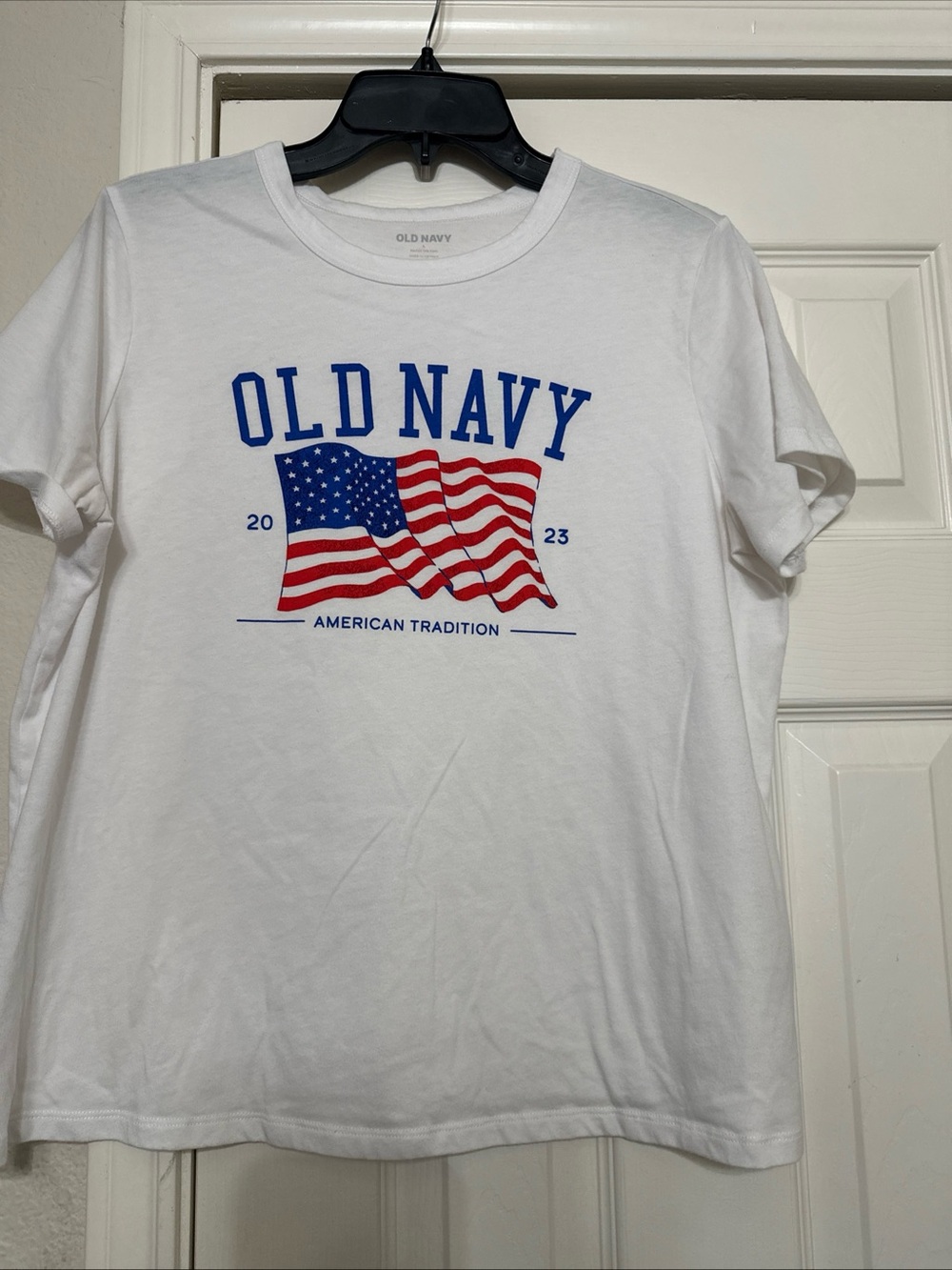 Old Navy White Short Sleeve Tee with Red & Blue Flag Graphic